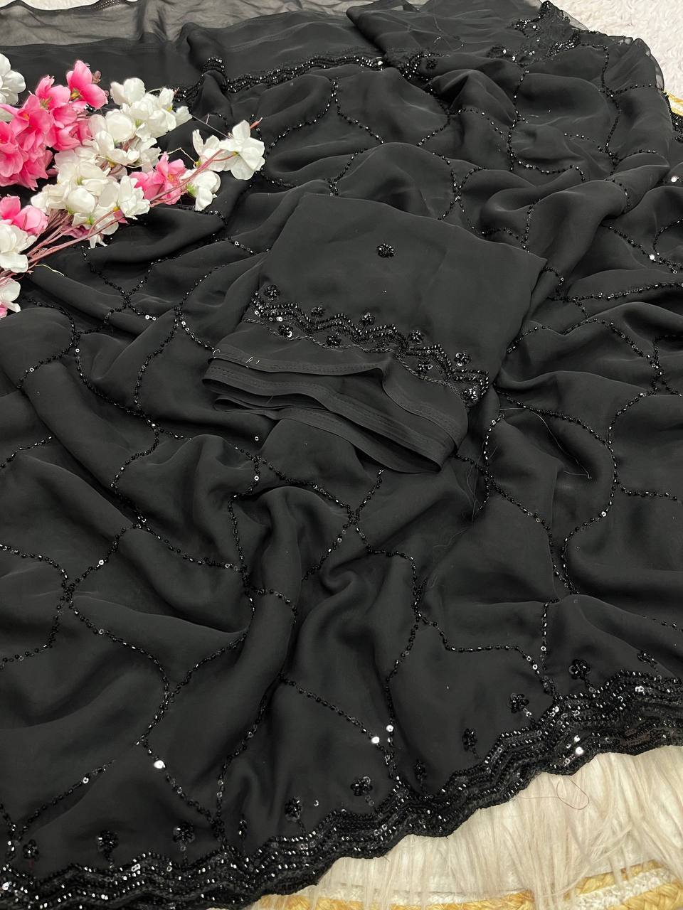 Premium Georgette Saree with Sequins & Brits Work C-Pallu and Arco Border