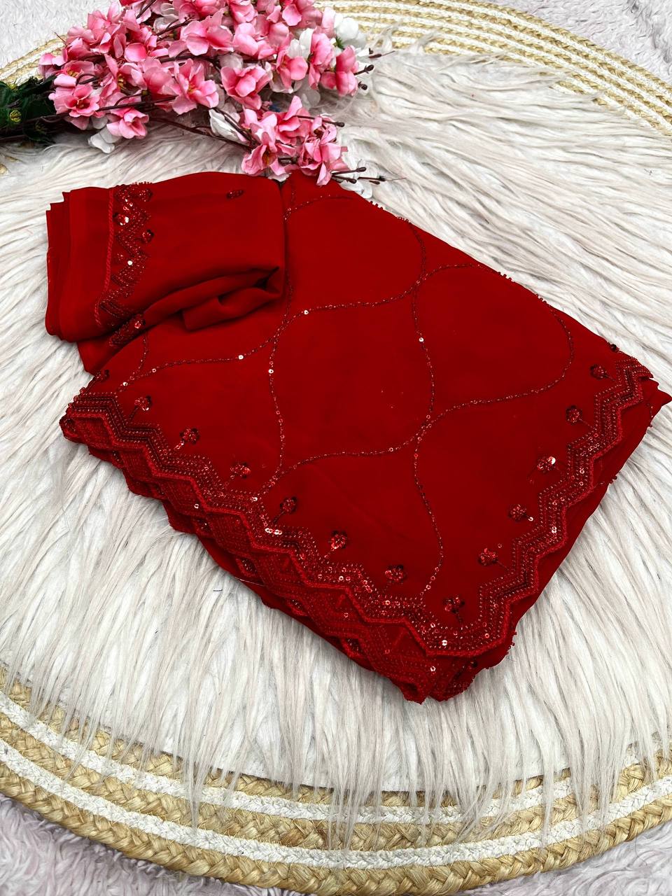 Premium Georgette Saree with Sequins & Brits Work C-Pallu and Arco Border