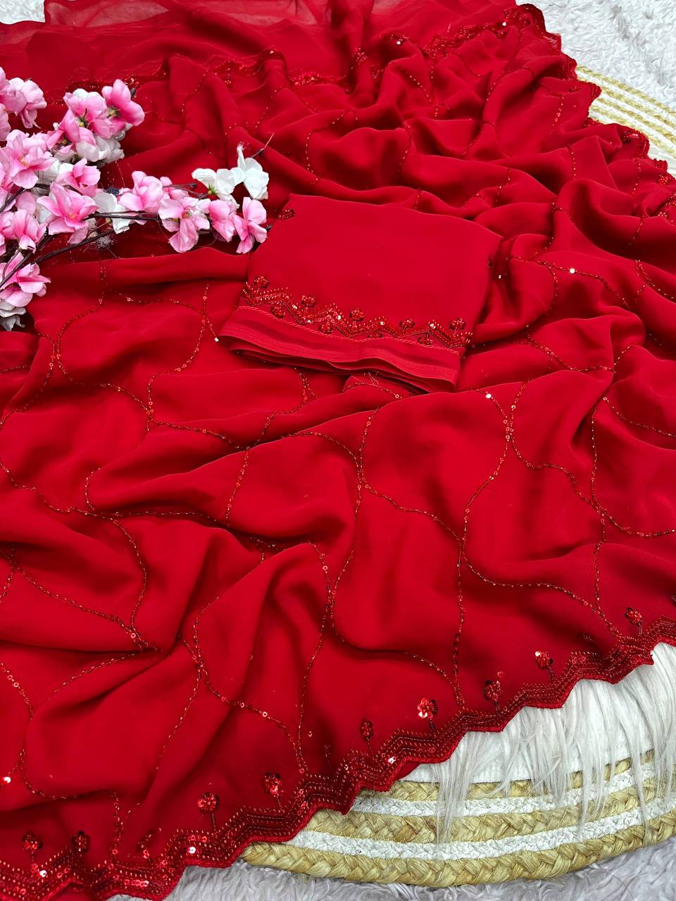 Premium Georgette Saree with Sequins & Brits Work C-Pallu and Arco Border