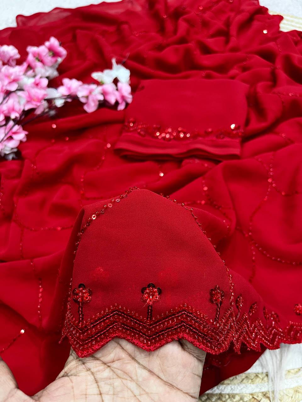Premium Georgette Saree with Sequins & Brits Work C-Pallu and Arco Border