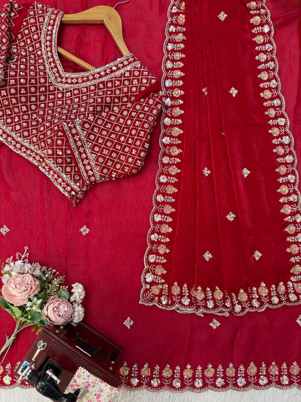 Fendy Silk Saree with Heavy Beads, Thread & Sequins Work