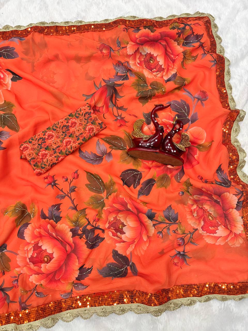Premium Soft Georgette Floral Print Saree with Sequins & Katdana Handwork Lace Border