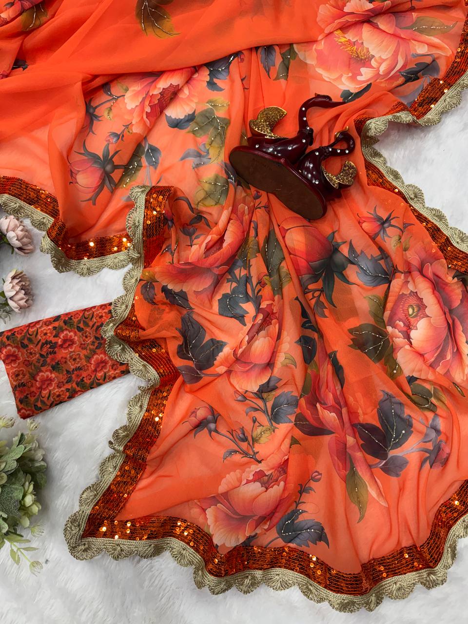 Premium Soft Georgette Floral Print Saree with Sequins & Katdana Handwork Lace Border