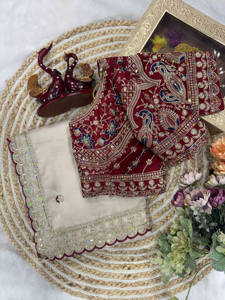 Soft Rangoli Silk Saree with Sequins Embroidery Work & Heavy Banglori Blouse (Full Stitch Up to 44)