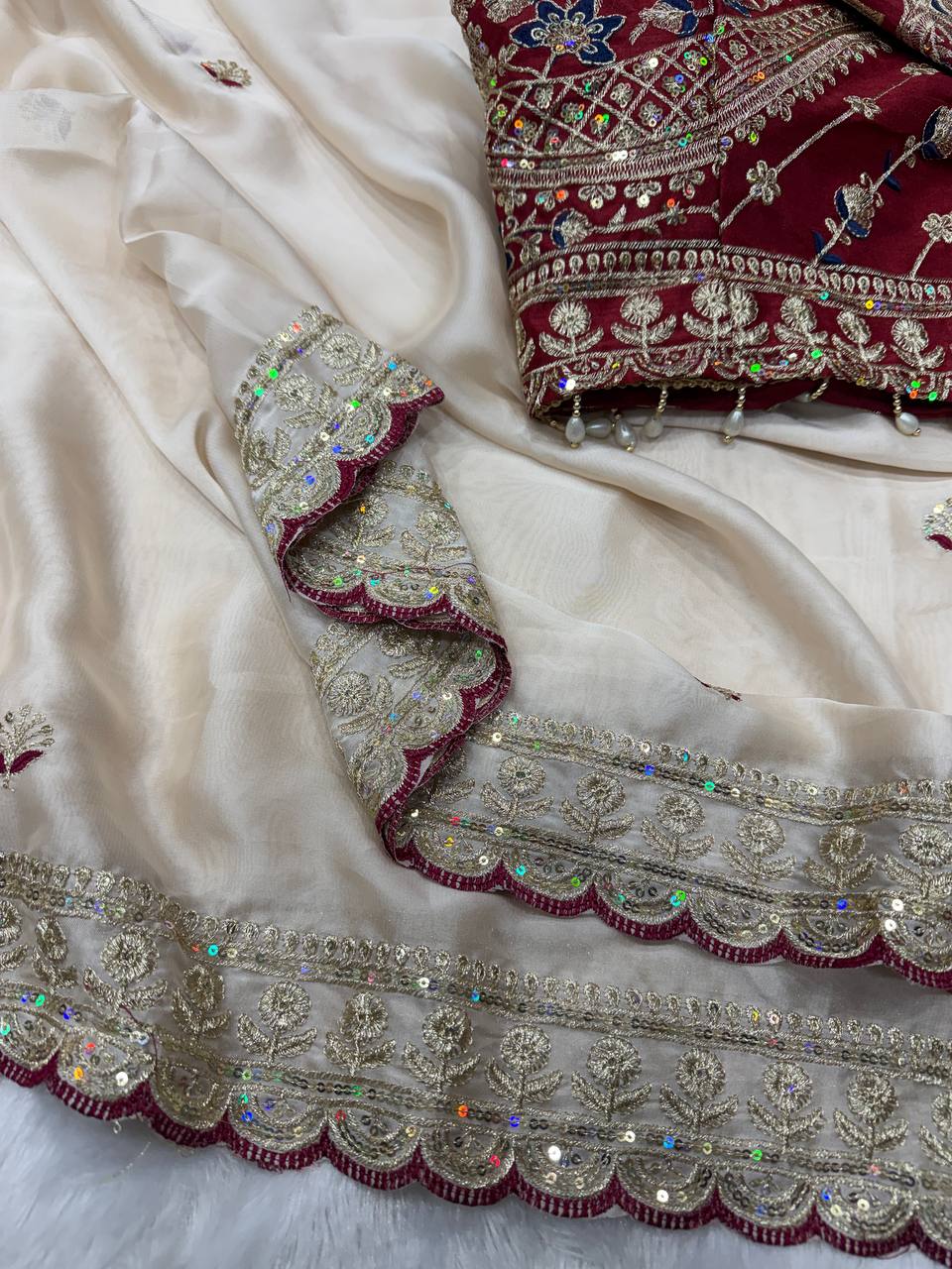 Soft Rangoli Silk Saree with Sequins Embroidery Work & Heavy Banglori Blouse (Full Stitch Up to 44)