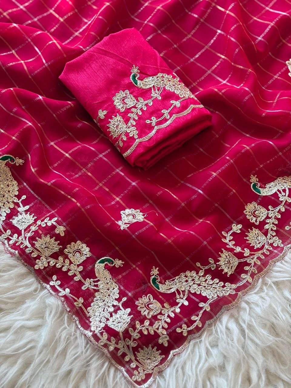 Multi Colour Chinon Silk Saree with Heavy Coding & Cat Work C-Pallu (Designer Blouse)