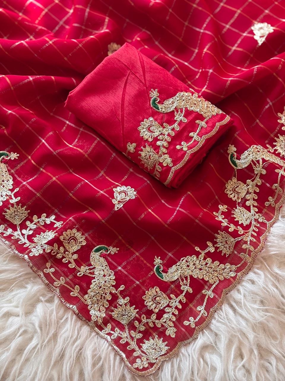 Multi Colour Chinon Silk Saree with Heavy Coding & Cat Work C-Pallu (Designer Blouse)