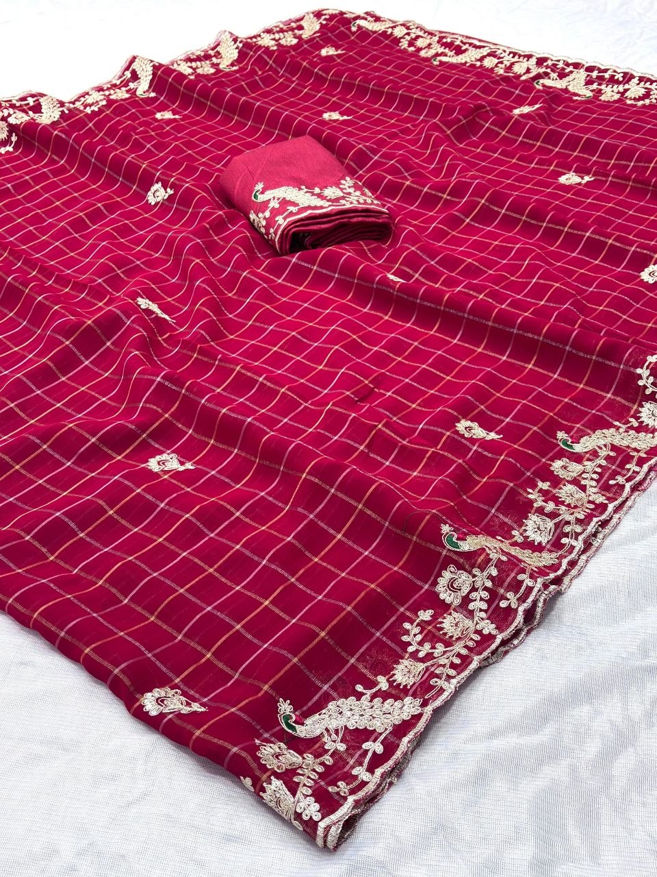Multi Colour Chinon Silk Saree with Heavy Coding & Cat Work C-Pallu (Designer Blouse)