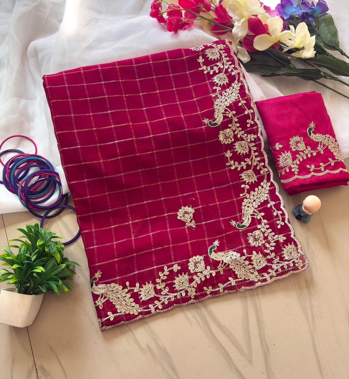 Multi Colour Chinon Silk Saree with Heavy Coding & Cat Work C-Pallu (Designer Blouse)