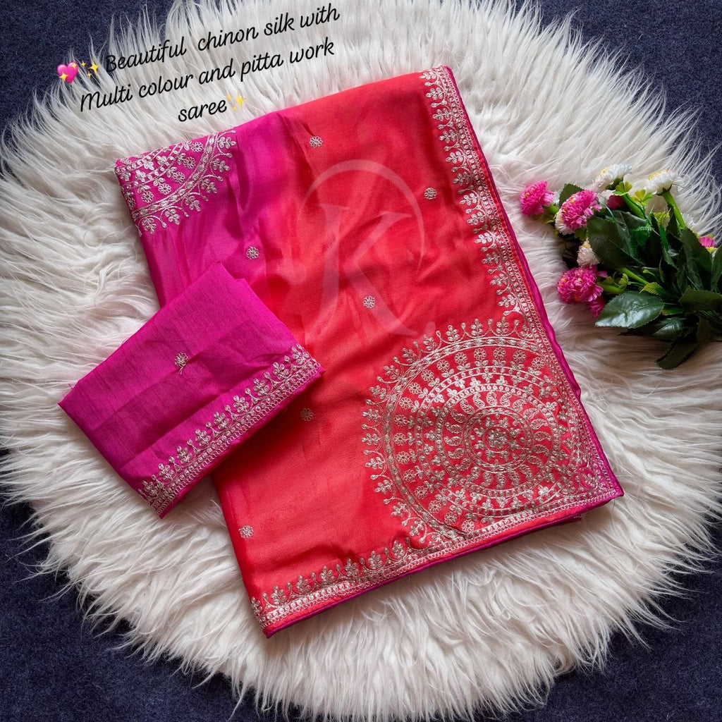 Multi Colour Chinon Silk Saree with Heavy Coding & Cat Work C-Pallu (Designer Blouse)