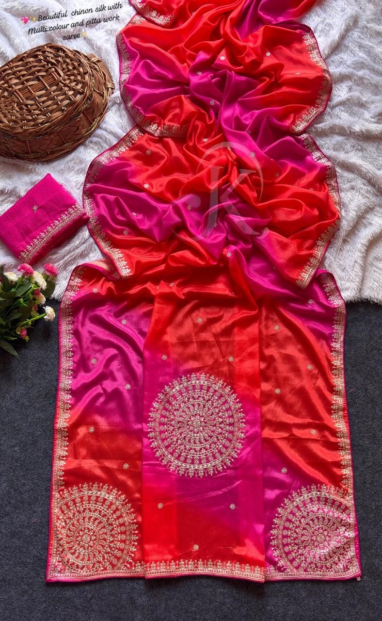 Multi Colour Chinon Silk Saree with Heavy Coding & Cat Work C-Pallu (Designer Blouse)