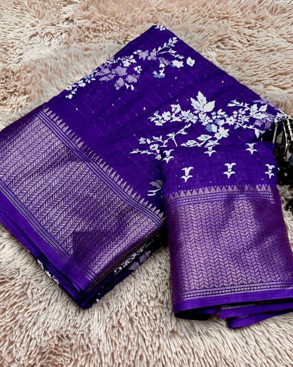 Dola Silk Designer Print Saree with Crochet Work & Designer Pallu