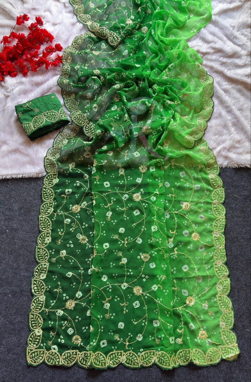 Shaded Bandhej Georgette Saree with Pita Work, Cut Work & Full Jaal C-Pallu