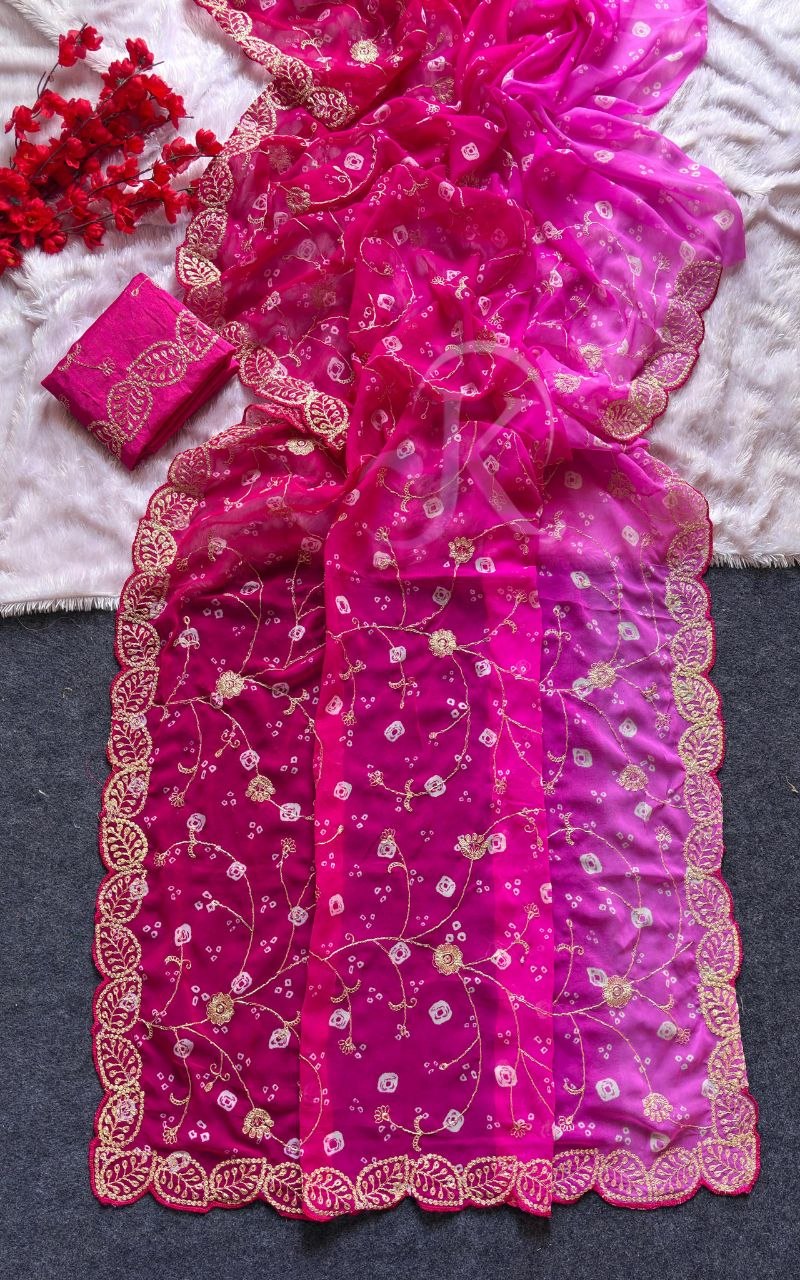 Shaded Bandhej Georgette Saree with Pita Work, Cut Work & Full Jaal C-Pallu