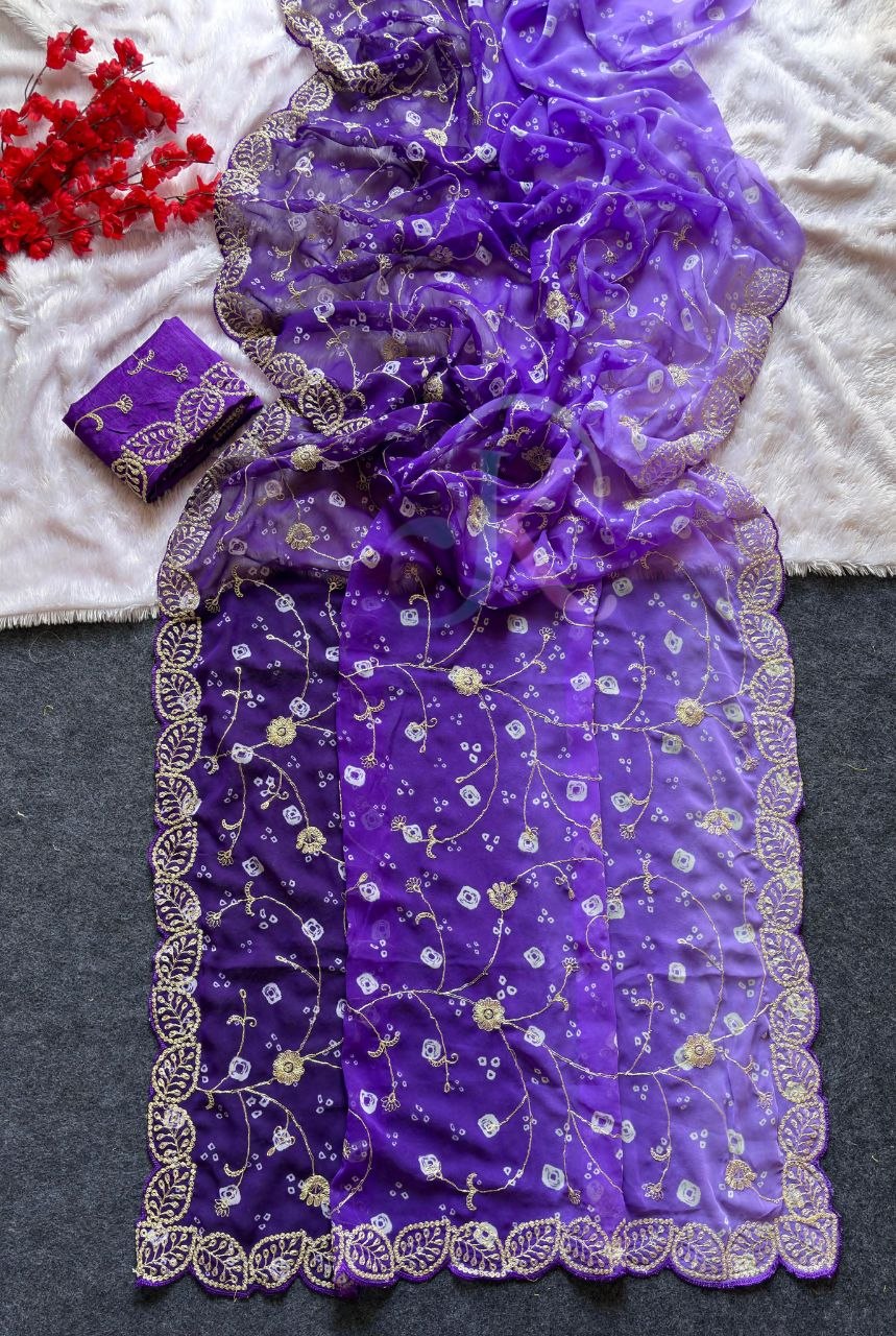 Shaded Bandhej Georgette Saree with Pita Work, Cut Work & Full Jaal C-Pallu