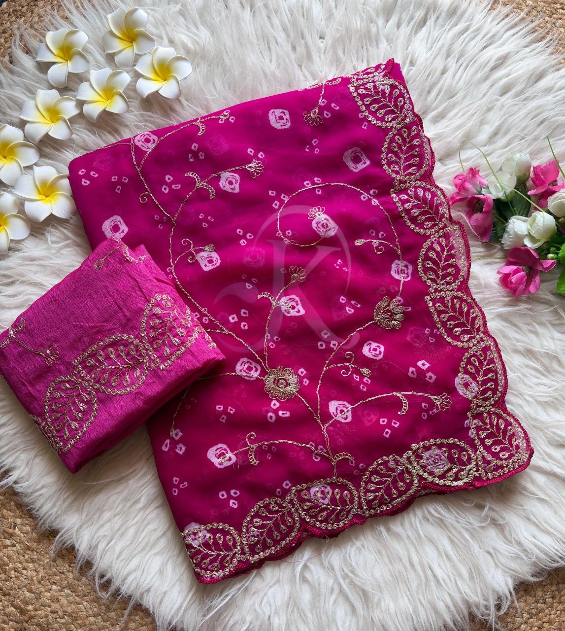 Shaded Bandhej Georgette Saree with Pita Work, Cut Work & Full Jaal C-Pallu
