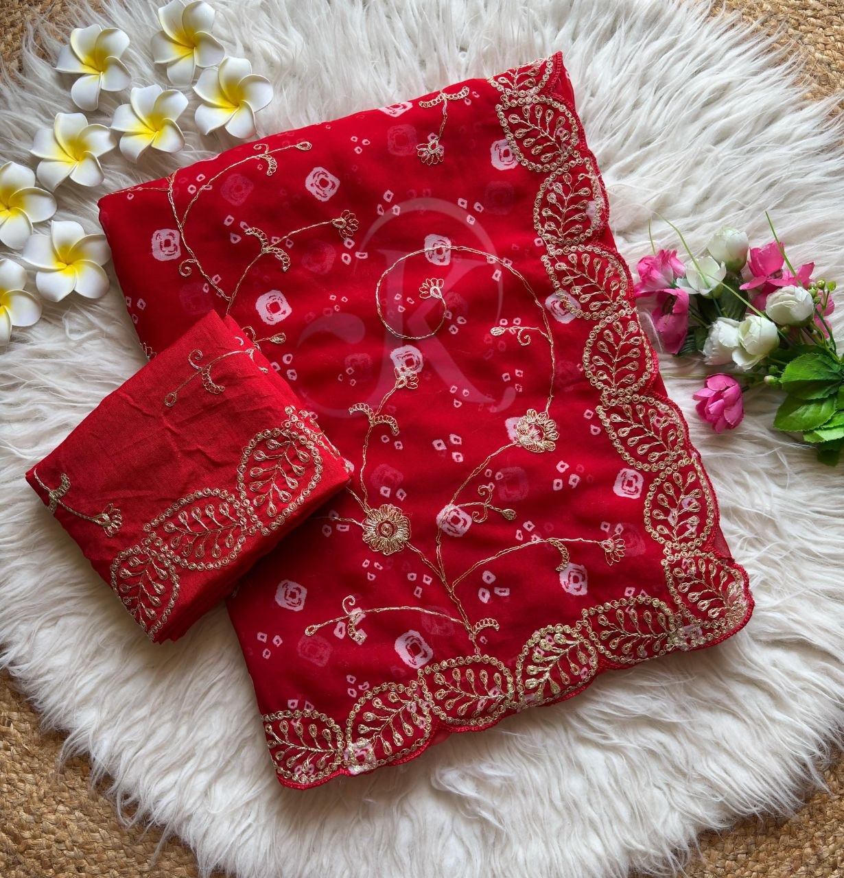 Shaded Bandhej Georgette Saree with Pita Work, Cut Work & Full Jaal C-Pallu