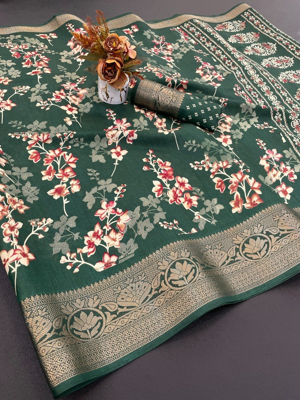 Dola Silk Designer Print Saree with Jacquard Border & Designer Pallu