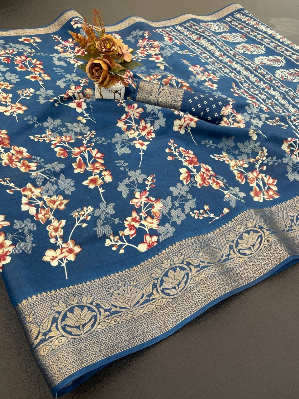 Dola Silk Designer Print Saree with Jacquard Border & Designer Pallu