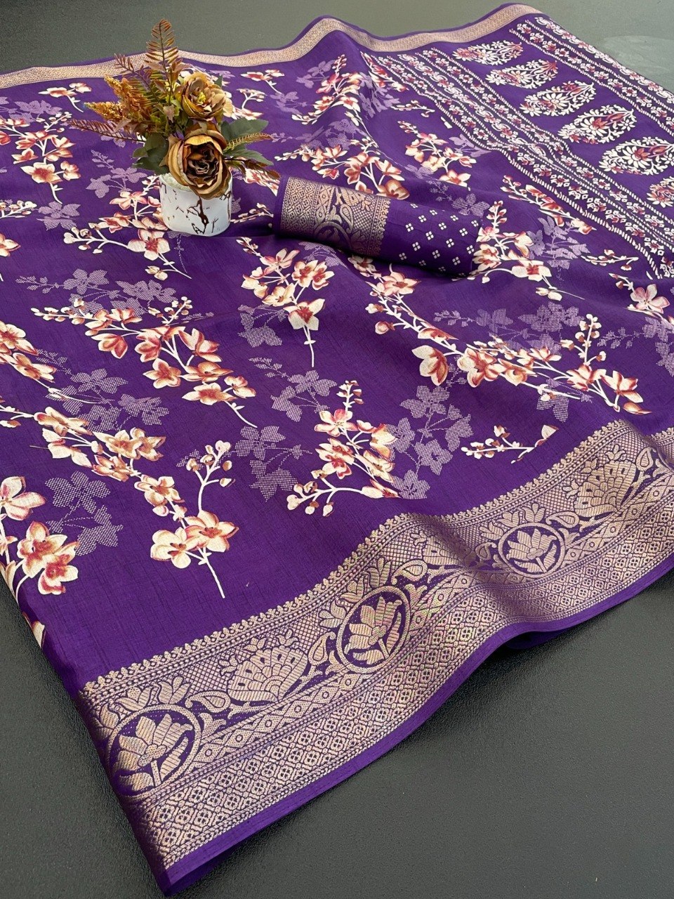 Dola Silk Designer Print Saree with Jacquard Border & Designer Pallu