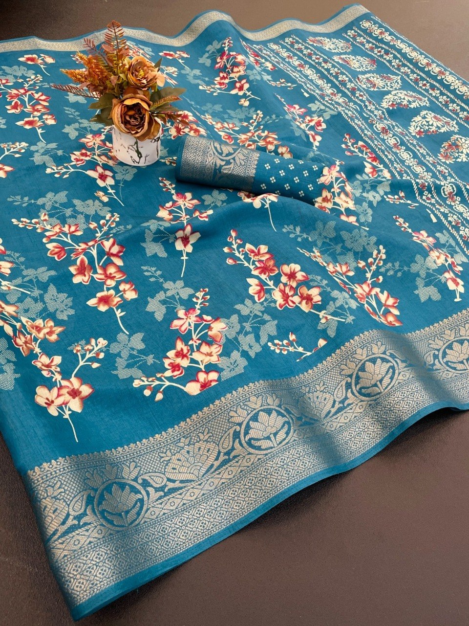 Dola Silk Designer Print Saree with Jacquard Border & Designer Pallu