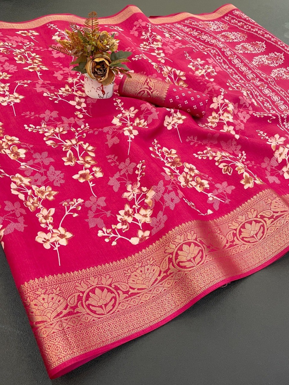 Dola Silk Designer Print Saree with Jacquard Border & Designer Pallu