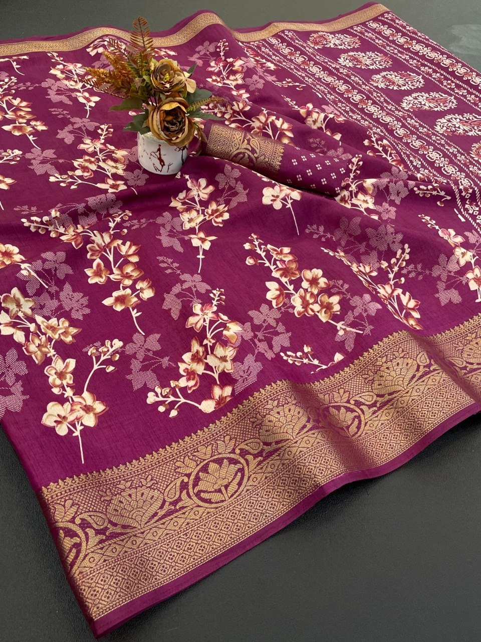 Dola Silk Designer Print Saree with Jacquard Border & Designer Pallu