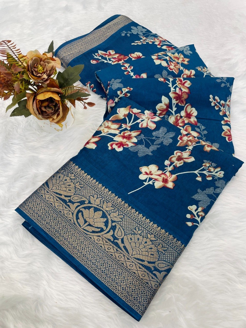 Dola Silk Designer Print Saree with Jacquard Border & Designer Pallu