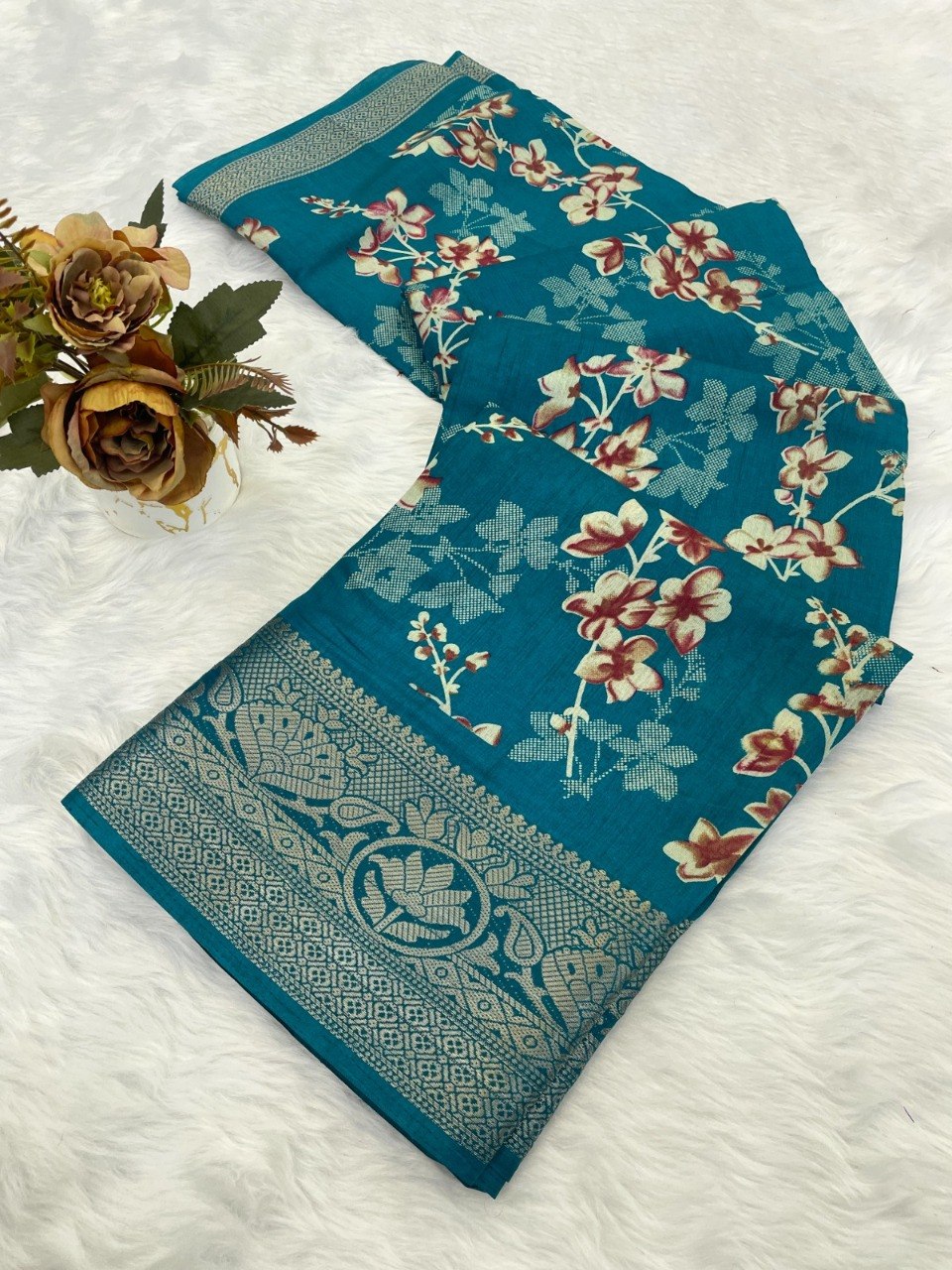 Dola Silk Designer Print Saree with Jacquard Border & Designer Pallu