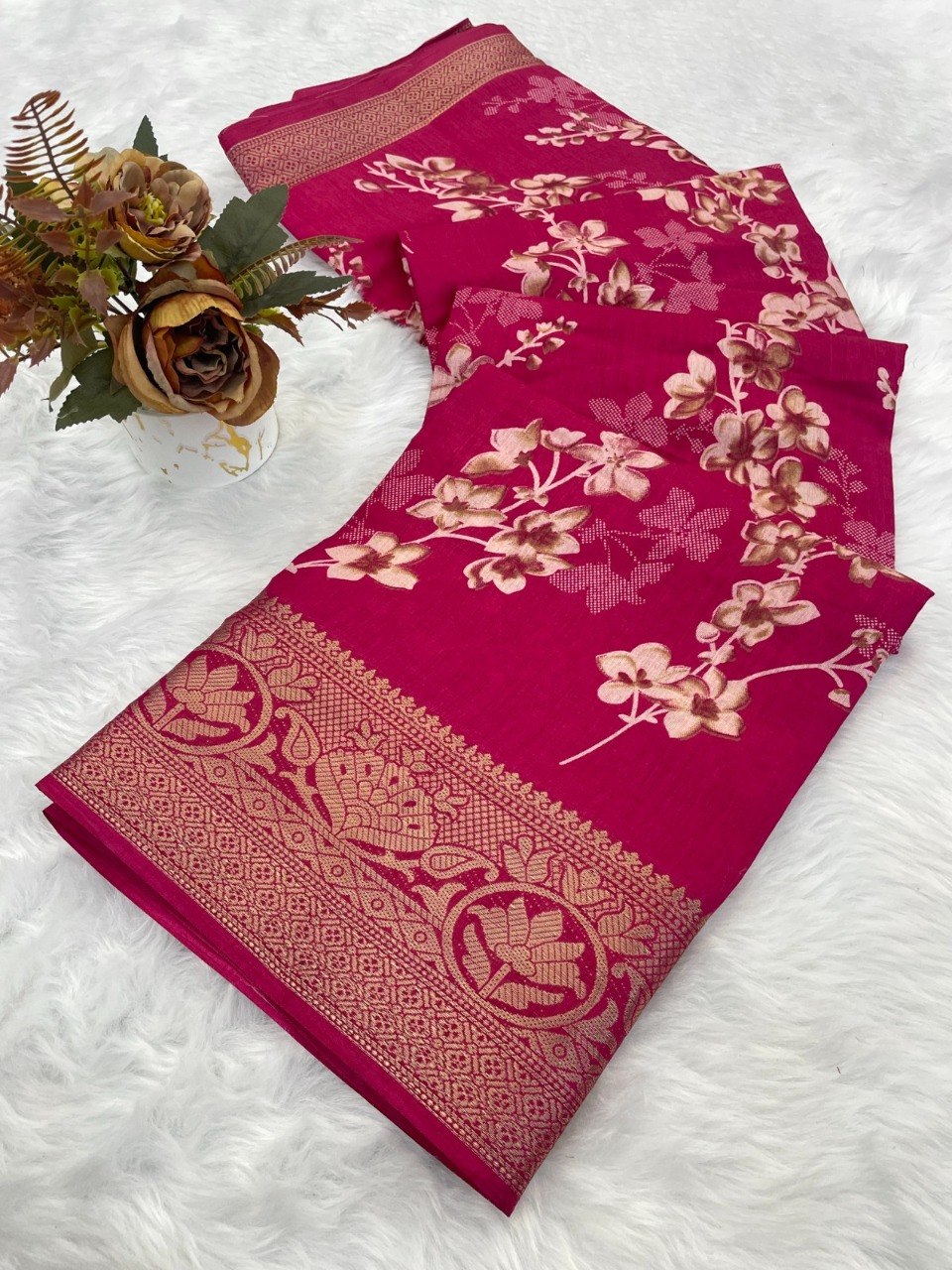 Dola Silk Designer Print Saree with Jacquard Border & Designer Pallu