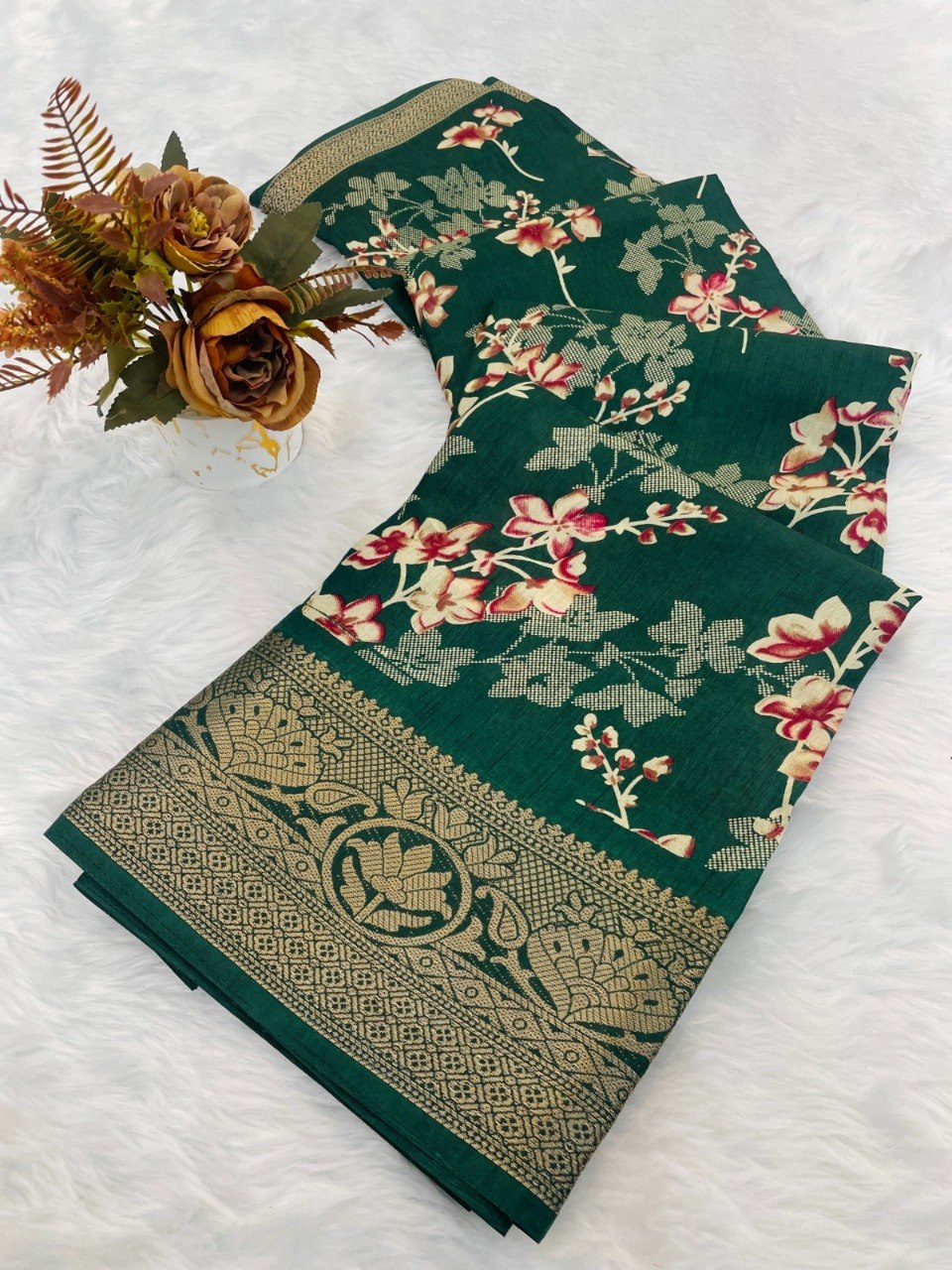 Dola Silk Designer Print Saree with Jacquard Border & Designer Pallu