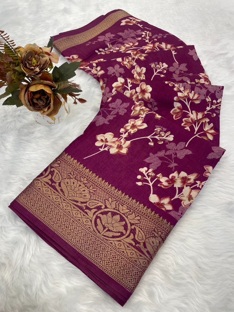 Dola Silk Designer Print Saree with Jacquard Border & Designer Pallu