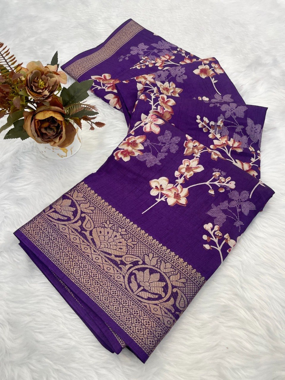 Dola Silk Designer Print Saree with Jacquard Border & Designer Pallu