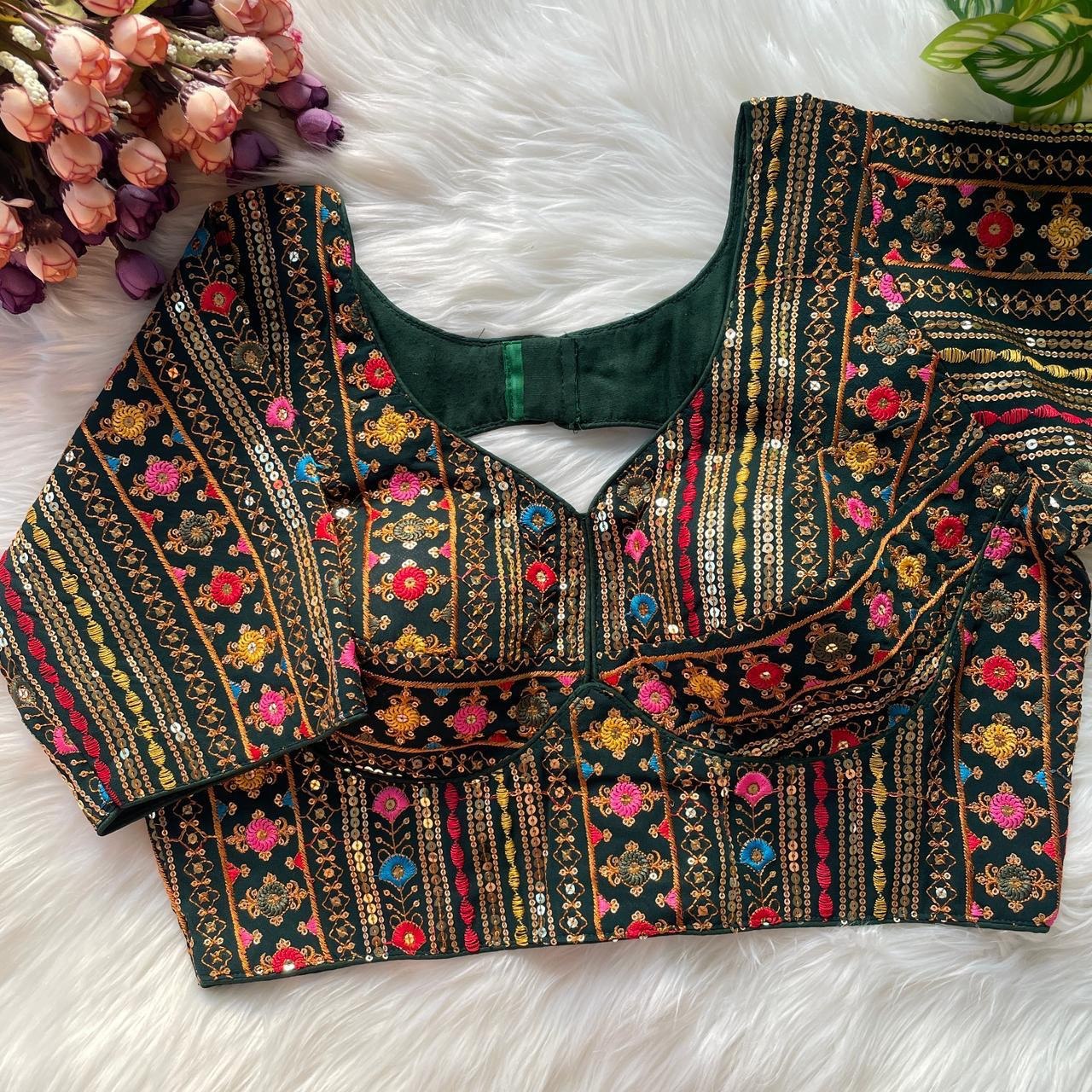 Designer Sabyasachi Inspired Multi-Thread & Heavy Sequins Embroidery Blouse Green