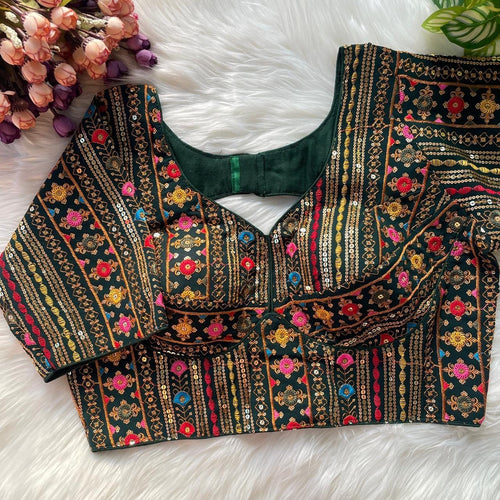 Designer Sabyasachi Inspired Multi-Thread & Heavy Sequins Embroidery Blouse Green