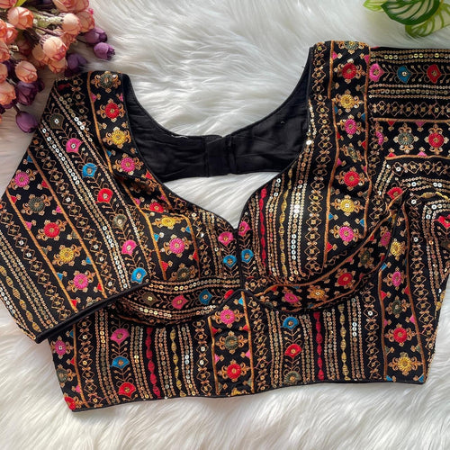 Designer Sabyasachi Inspired Multi-Thread & Heavy Sequins Embroidery Blouse Black