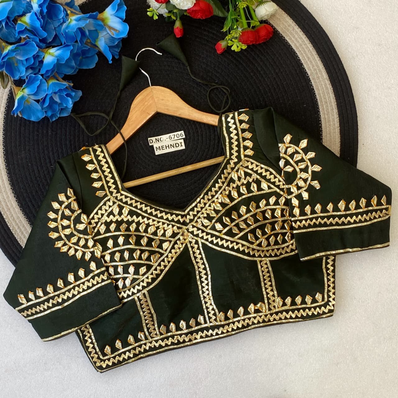 Gota Patti Handwork Aangi Style Blouse Mehendi Colour
