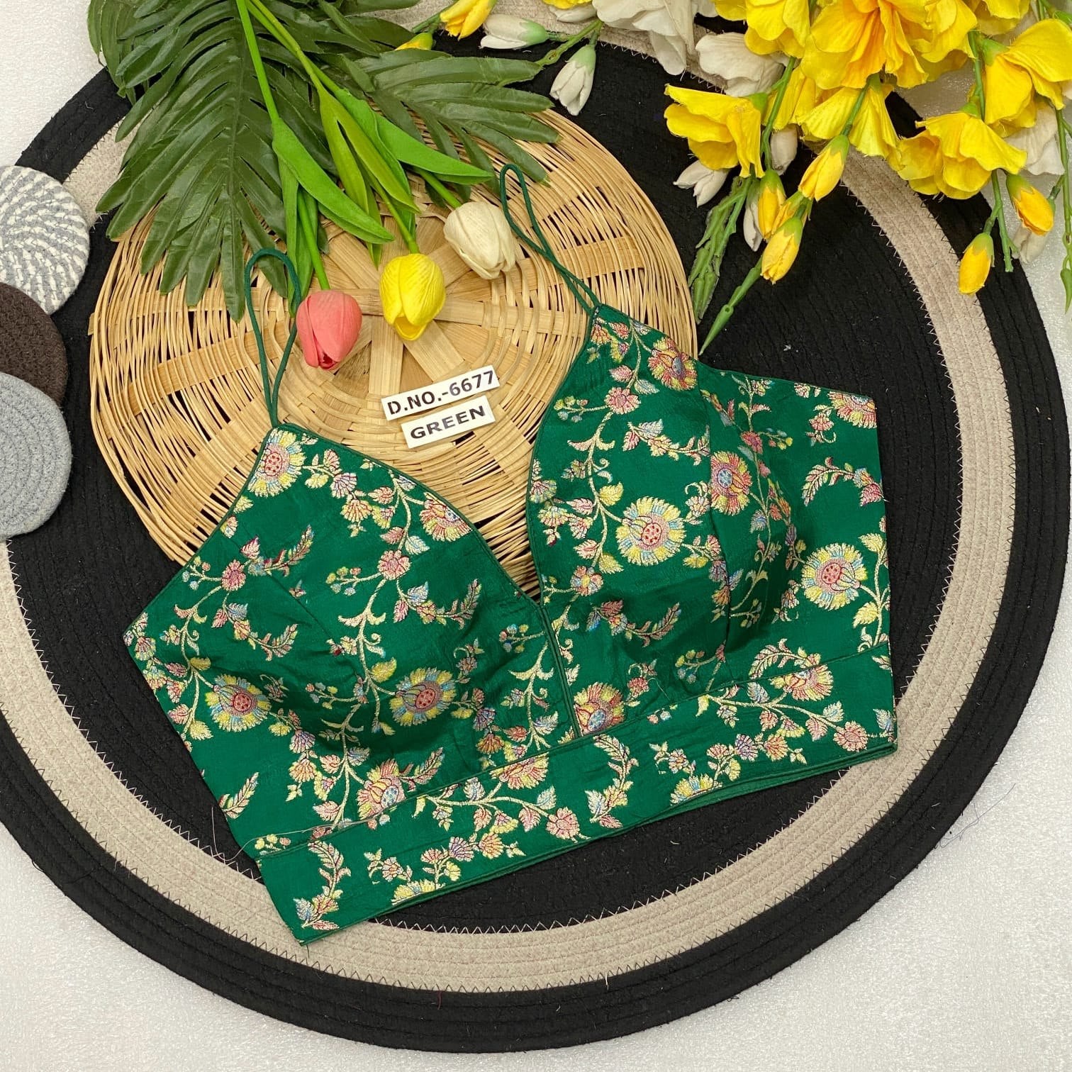 Jacquard Spaghetti Strap Blouse Green Colour