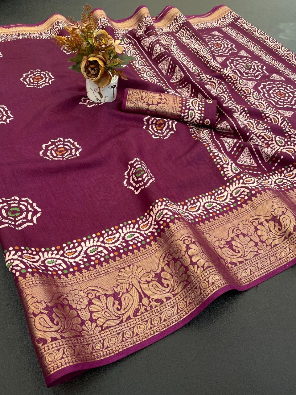 Dola Silk Saree with Designer Print, Jacquard Border & Designer Pallu