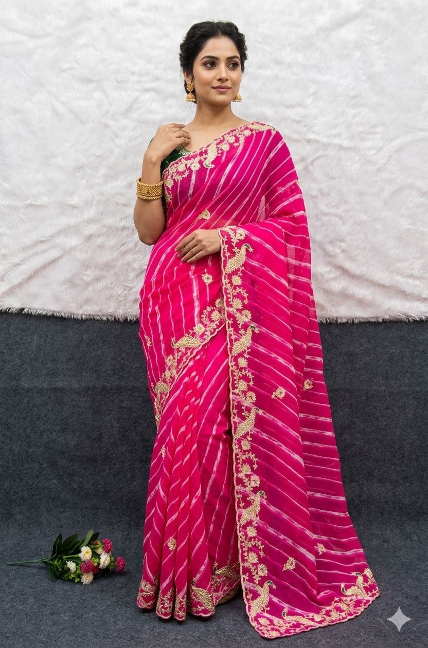 Pure C/C Georgette Lehriya Saree with Pita Work, Cut Work & Contrast Blouse