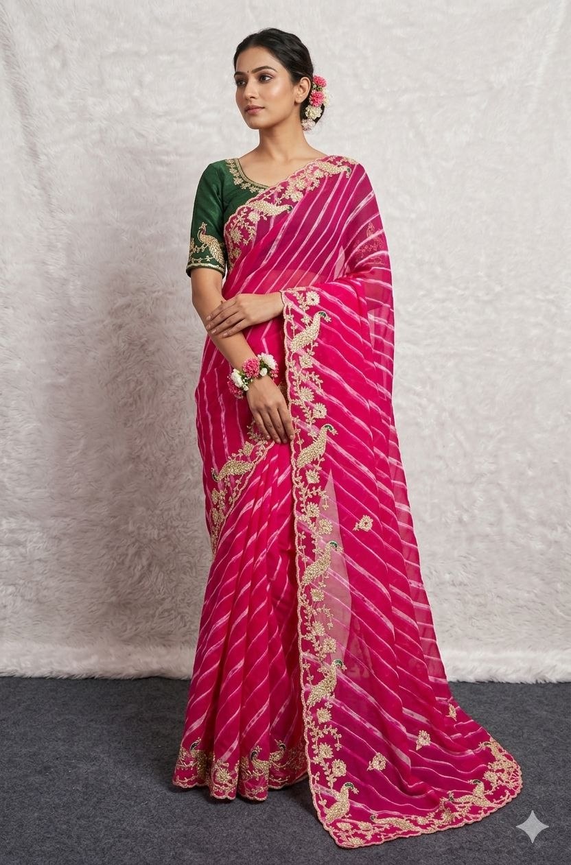 Pure C/C Georgette Lehriya Saree with Pita Work, Cut Work & Contrast Blouse