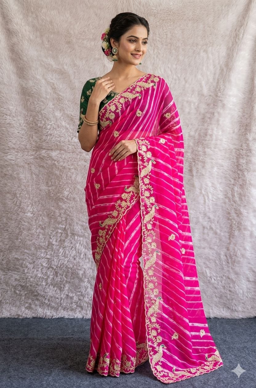 Pure C/C Georgette Lehriya Saree with Pita Work, Cut Work & Contrast Blouse