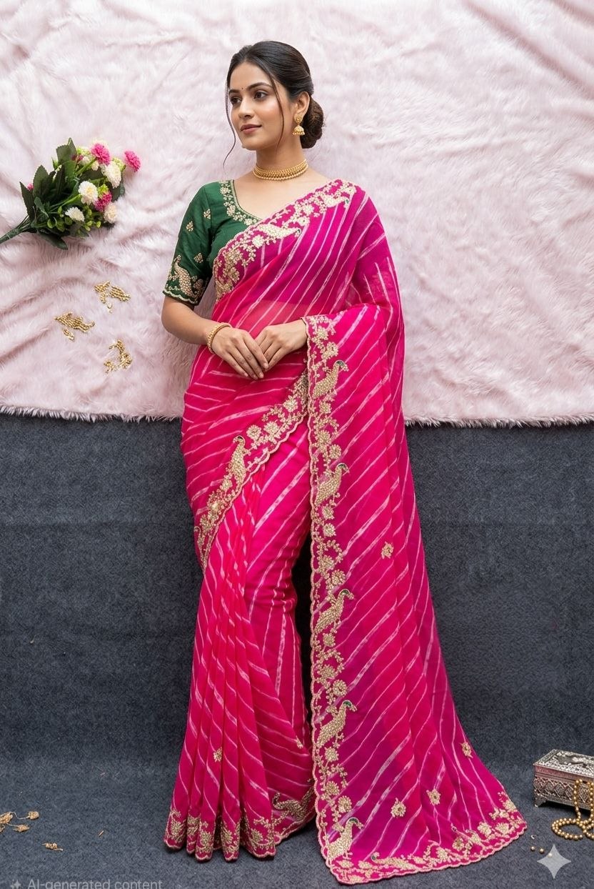 Pure C/C Georgette Lehriya Saree with Pita Work, Cut Work & Contrast Blouse
