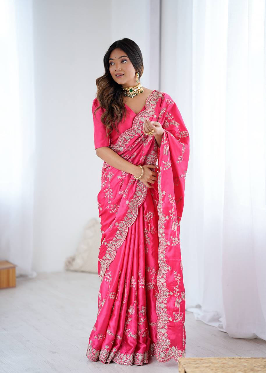 Heavy Japan Satin Silk Saree with Coding & Sequins Embroidery Work