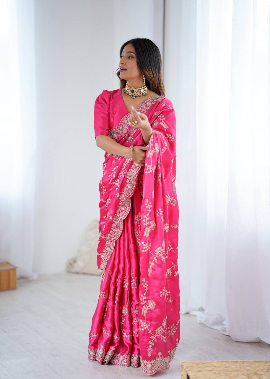 Heavy Japan Satin Silk Saree with Coding & Sequins Embroidery Work
