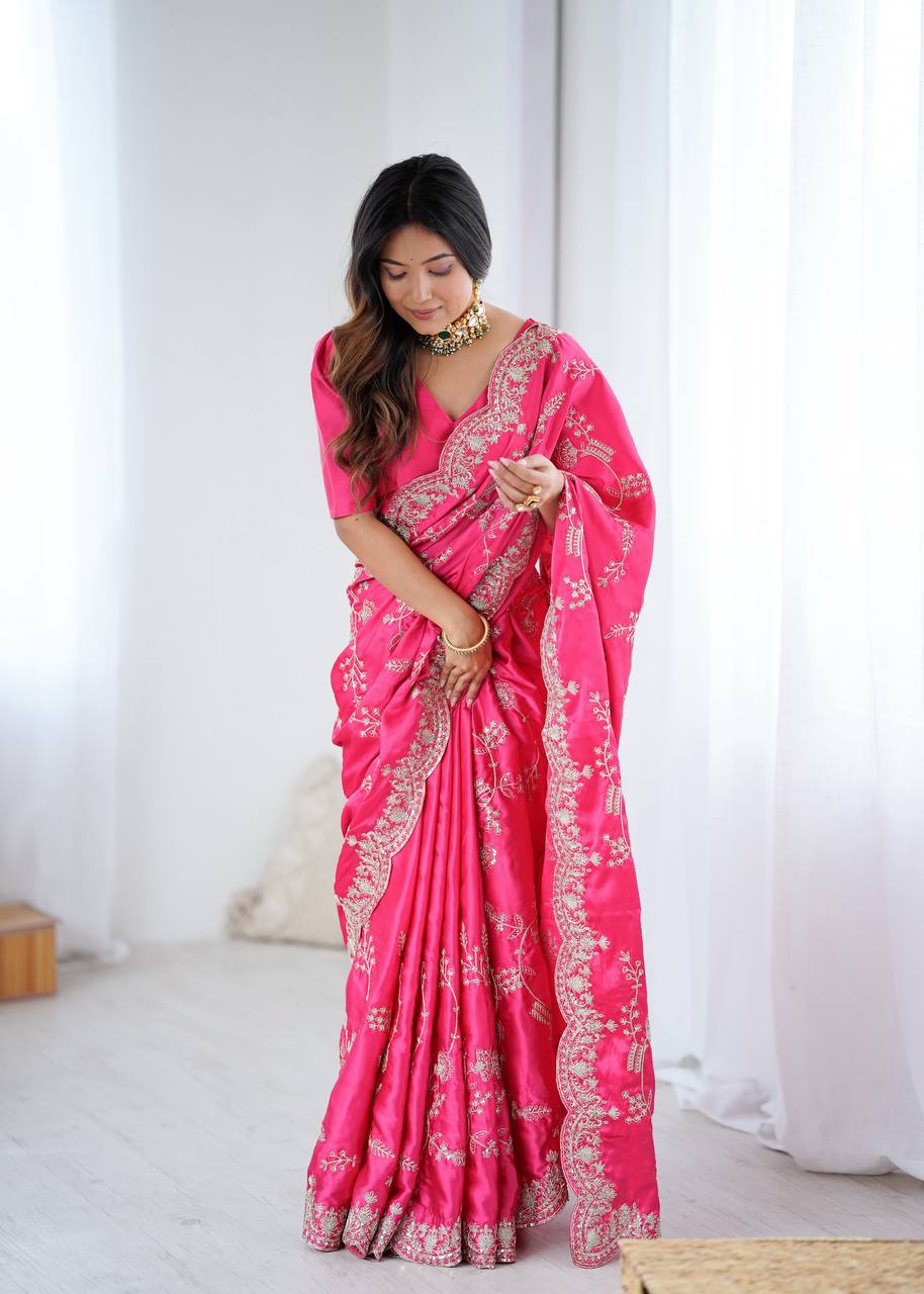 Heavy Japan Satin Silk Saree with Coding & Sequins Embroidery Work