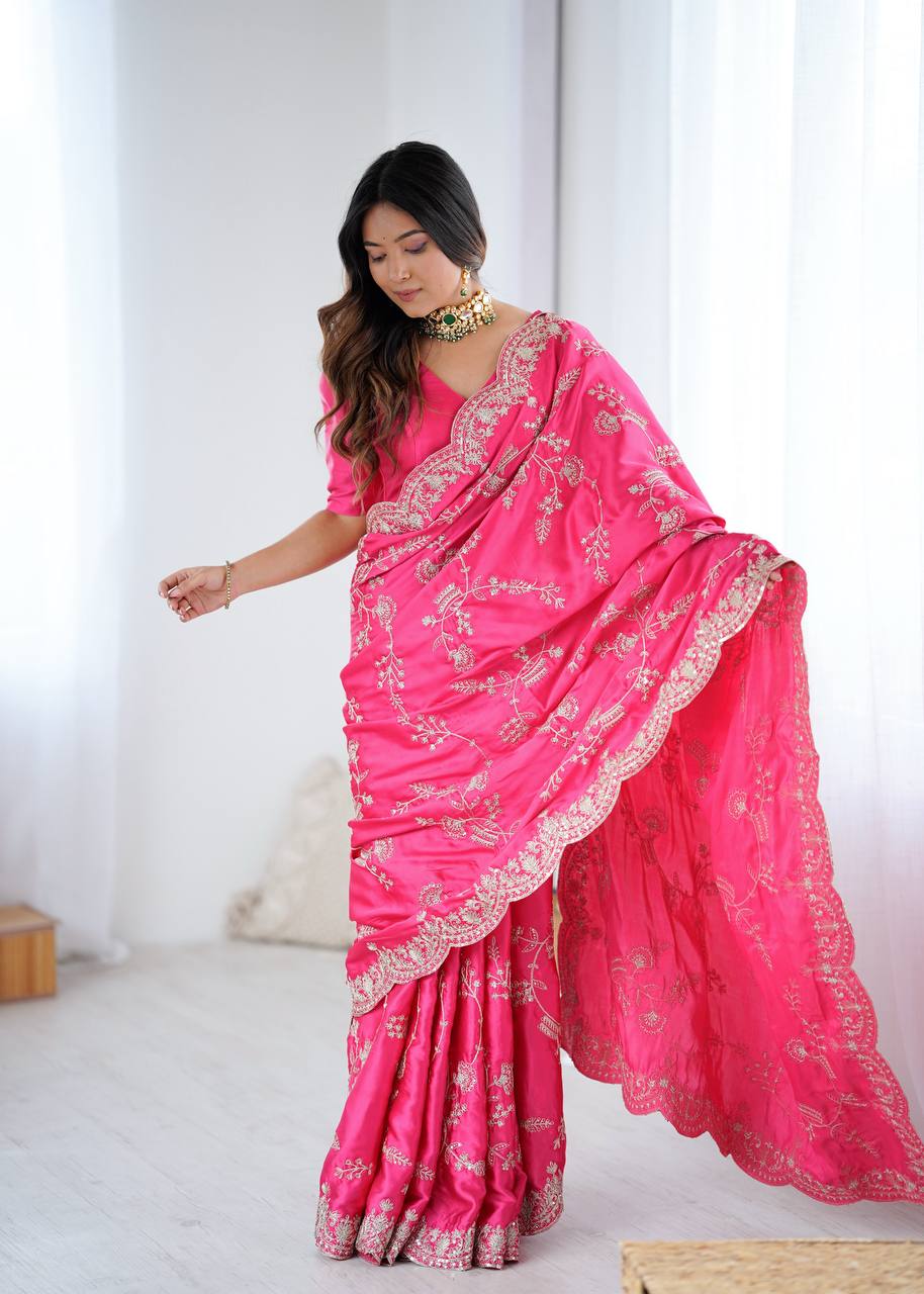 Heavy Japan Satin Silk Saree with Coding & Sequins Embroidery Work