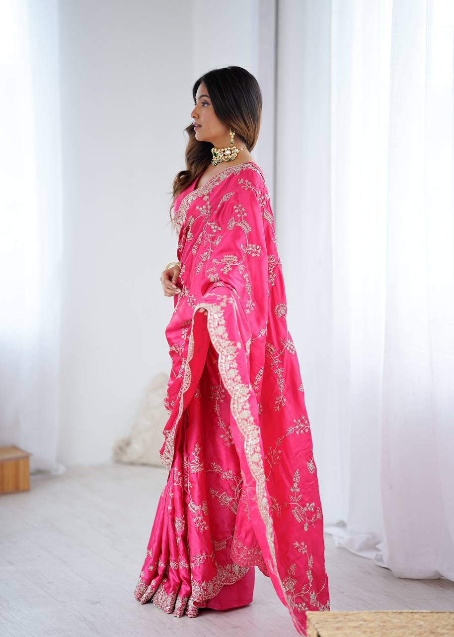 Heavy Japan Satin Silk Saree with Coding & Sequins Embroidery Work