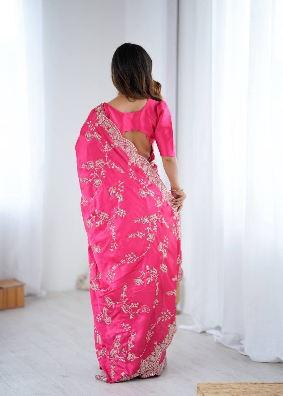 Heavy Japan Satin Silk Saree with Coding & Sequins Embroidery Work
