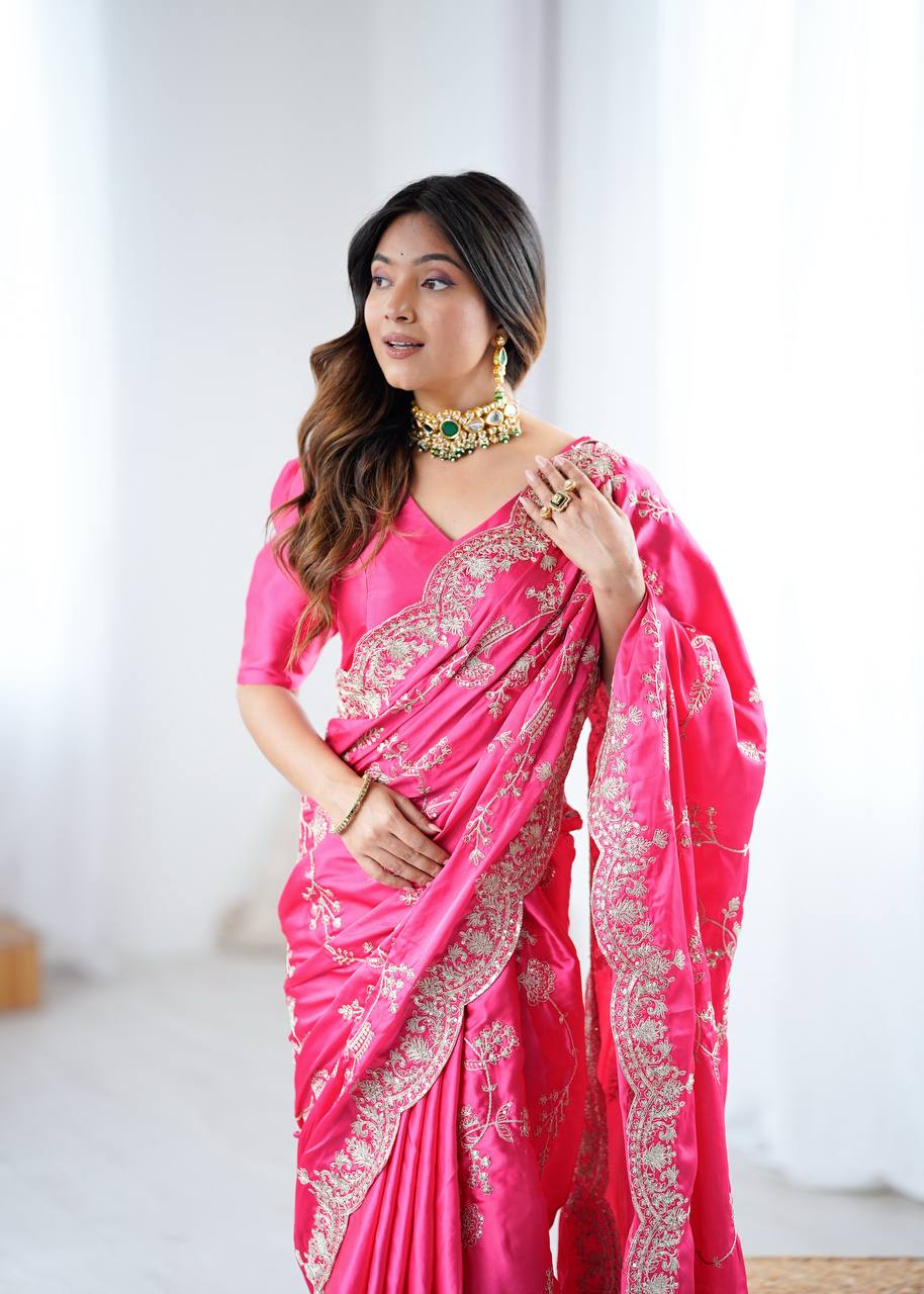 Heavy Japan Satin Silk Saree with Coding & Sequins Embroidery Work